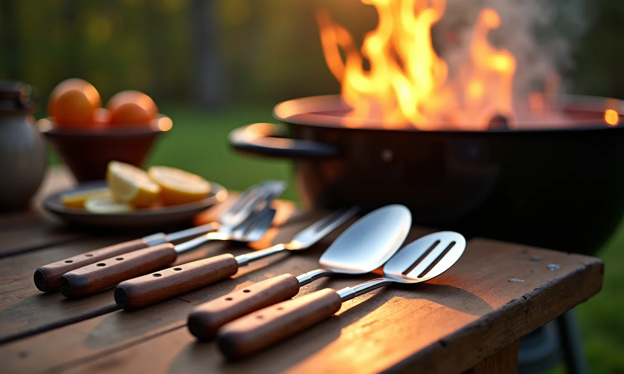 Utensílios de churrasco dispostos em uma mesa de madeira ao lado de uma churrasqueira acesa.