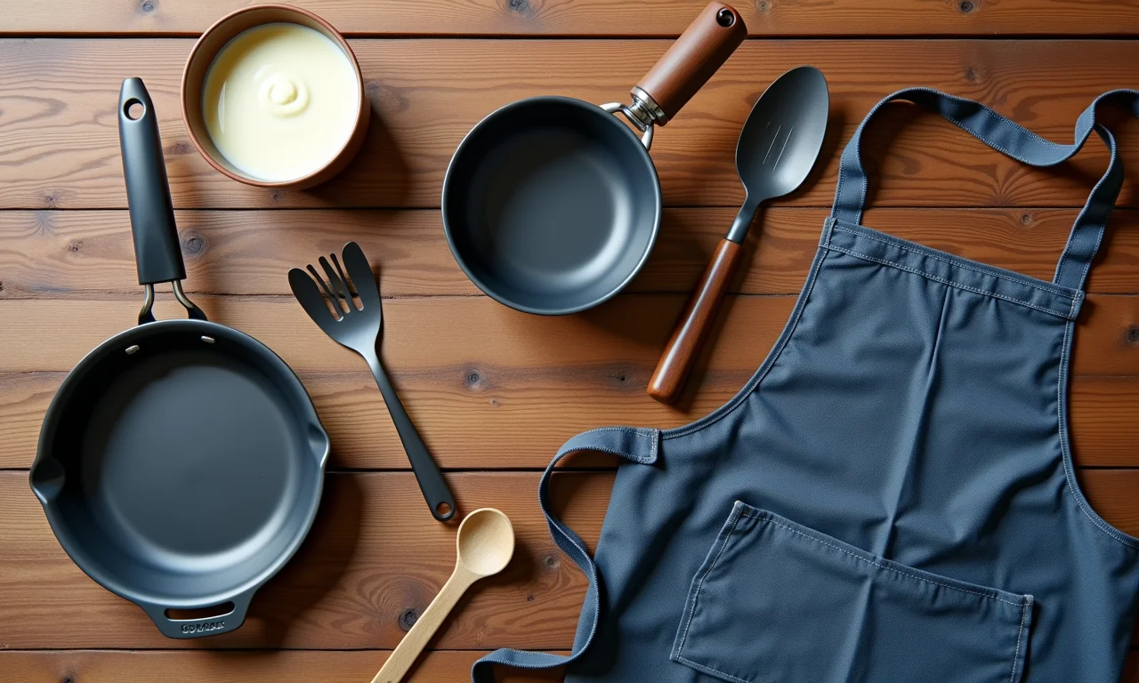 Utensílios de cozinha como frigideira, colher, tigela e avental em fundo de madeira.
