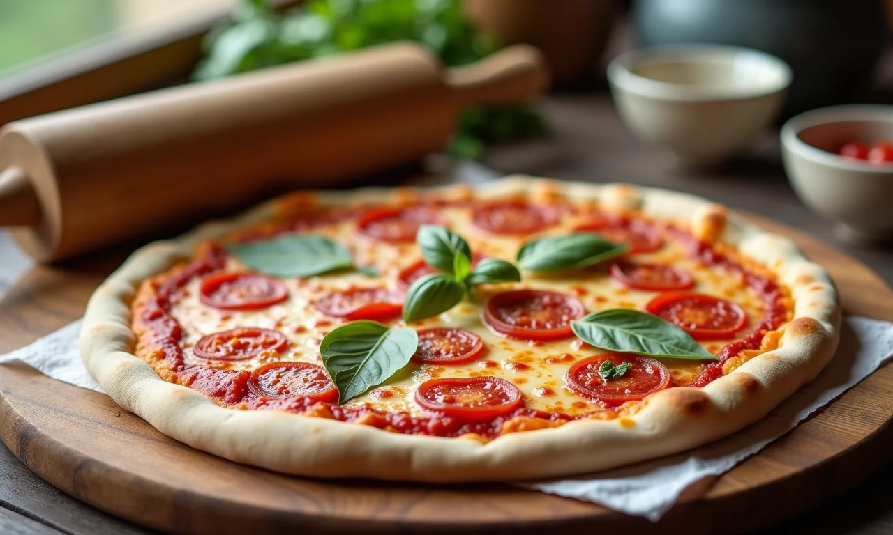 Utensílios essenciais para fazer pizza em casa: rolo, pá, cortador e tigelas.