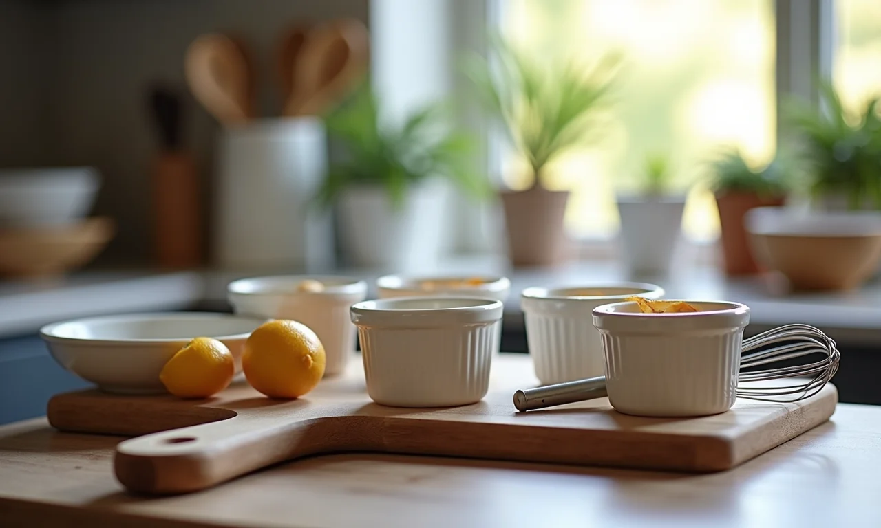 Utensílios essenciais para fazer pudim pequeno: ramequins, fouet, medidores.