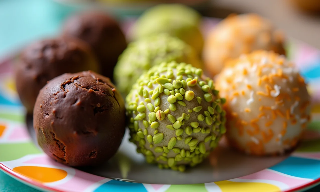 Variações de beijinho: chocolate, pistache e coco.
