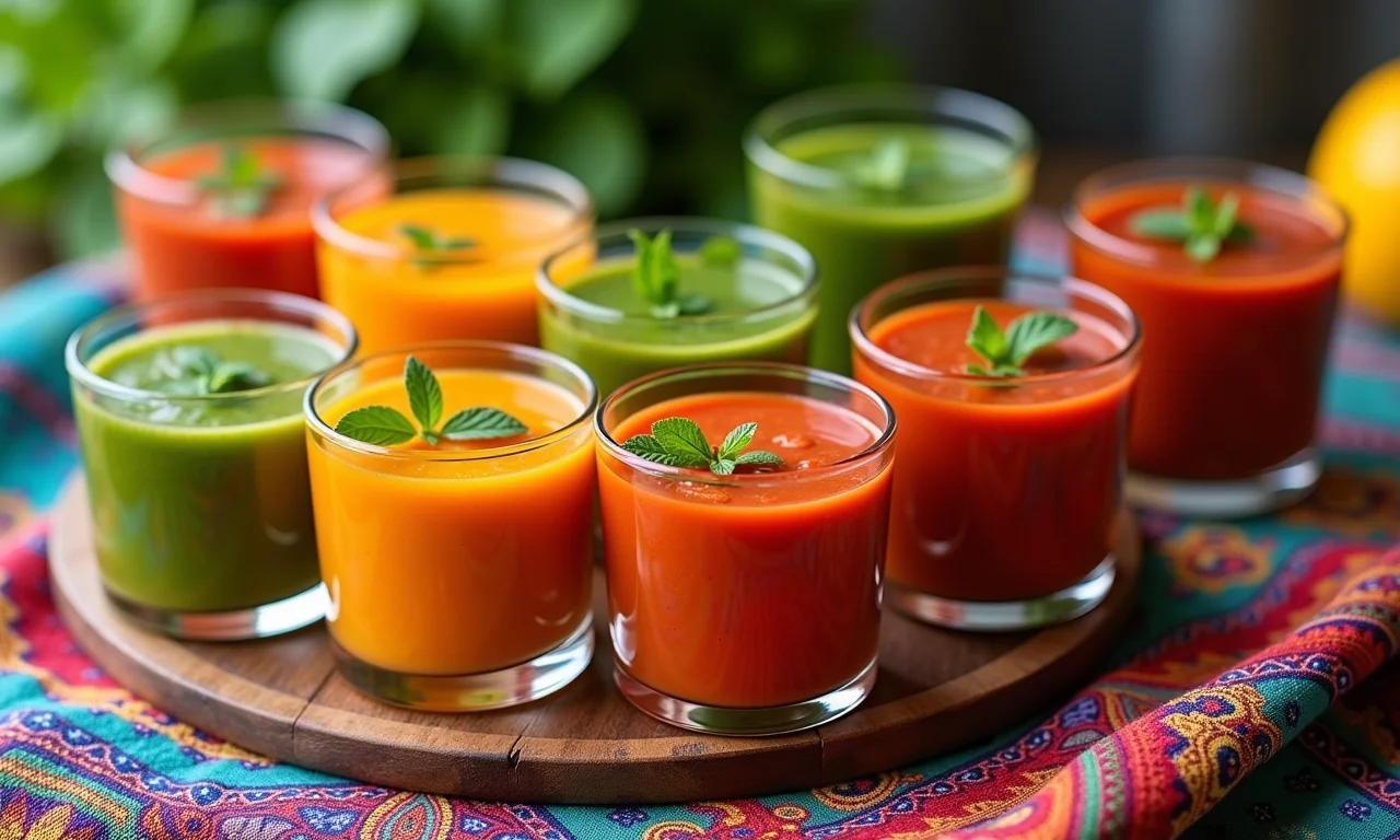 Variações de gaspacho em pequenos copos.