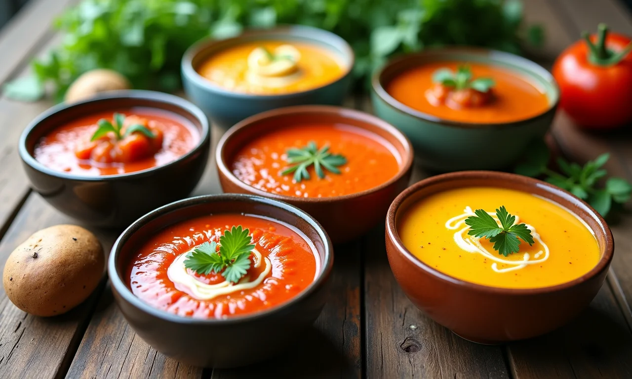 Variedade colorida de sopas frias, incluindo gaspacho.