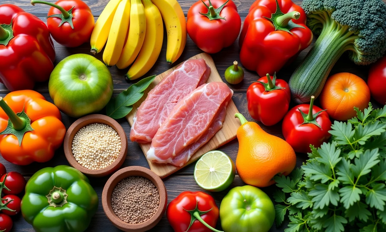 Variedade de alimentos nutritivos e coloridos para um plano de refeições saudável.