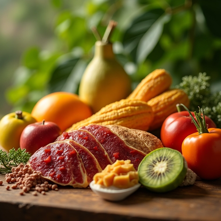 Variedade de alimentos ricos em fibras dispostos em uma mesa de madeira.