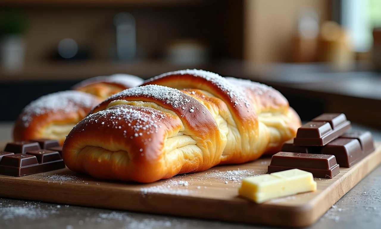 Variedade de barras de chocolate perto de um pain au chocolat apetitoso.