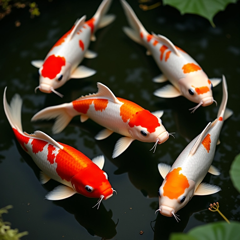 Variedade de carpas Koi em um lago.