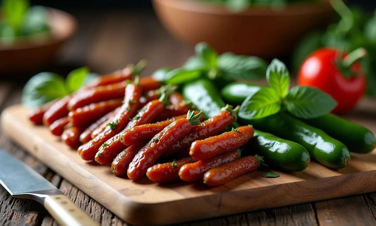 Variedade de chouriços para Caldo Verde em tábua de madeira com faca.