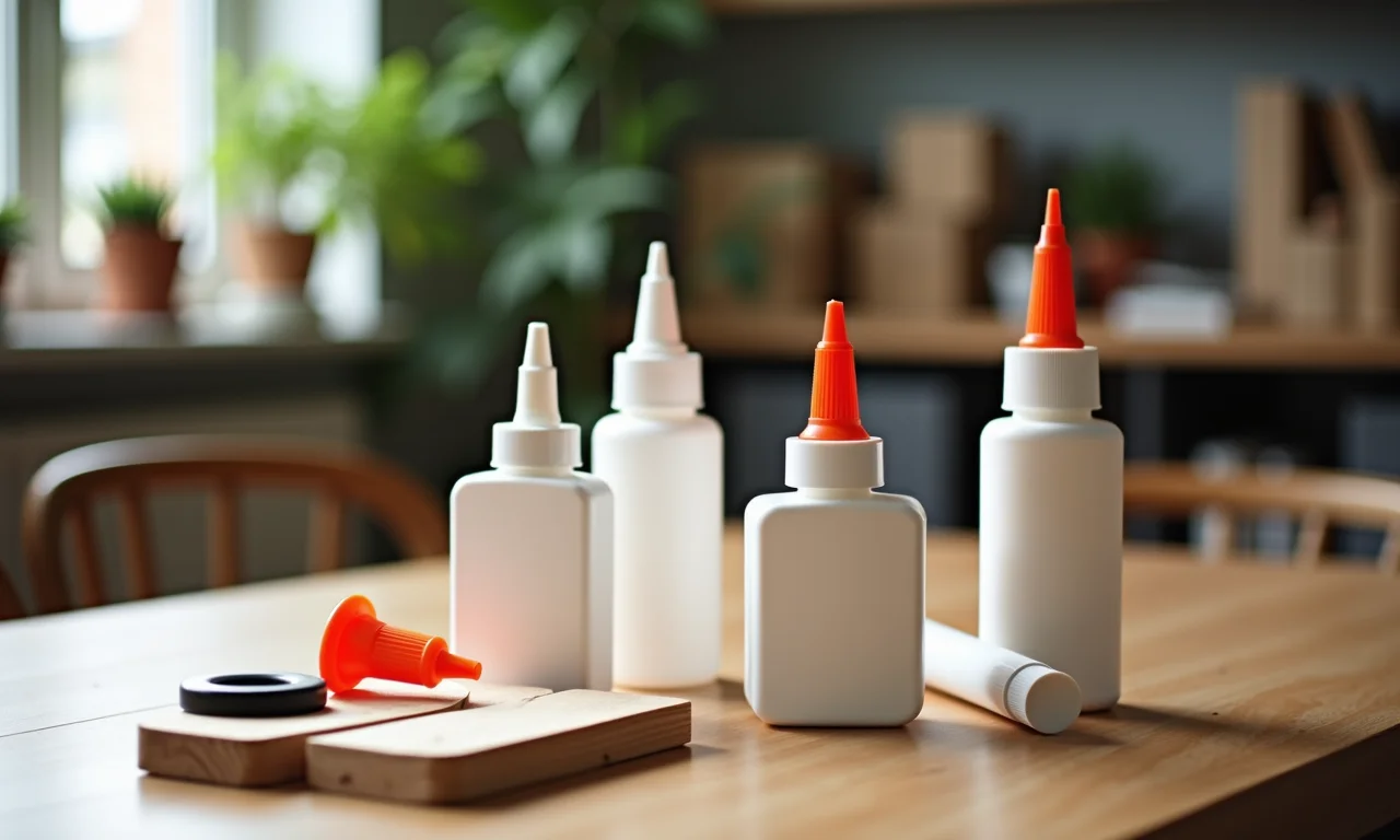 Variedade de colas em uma mesa de artesanato: cola branca, cola de madeira, super cola.