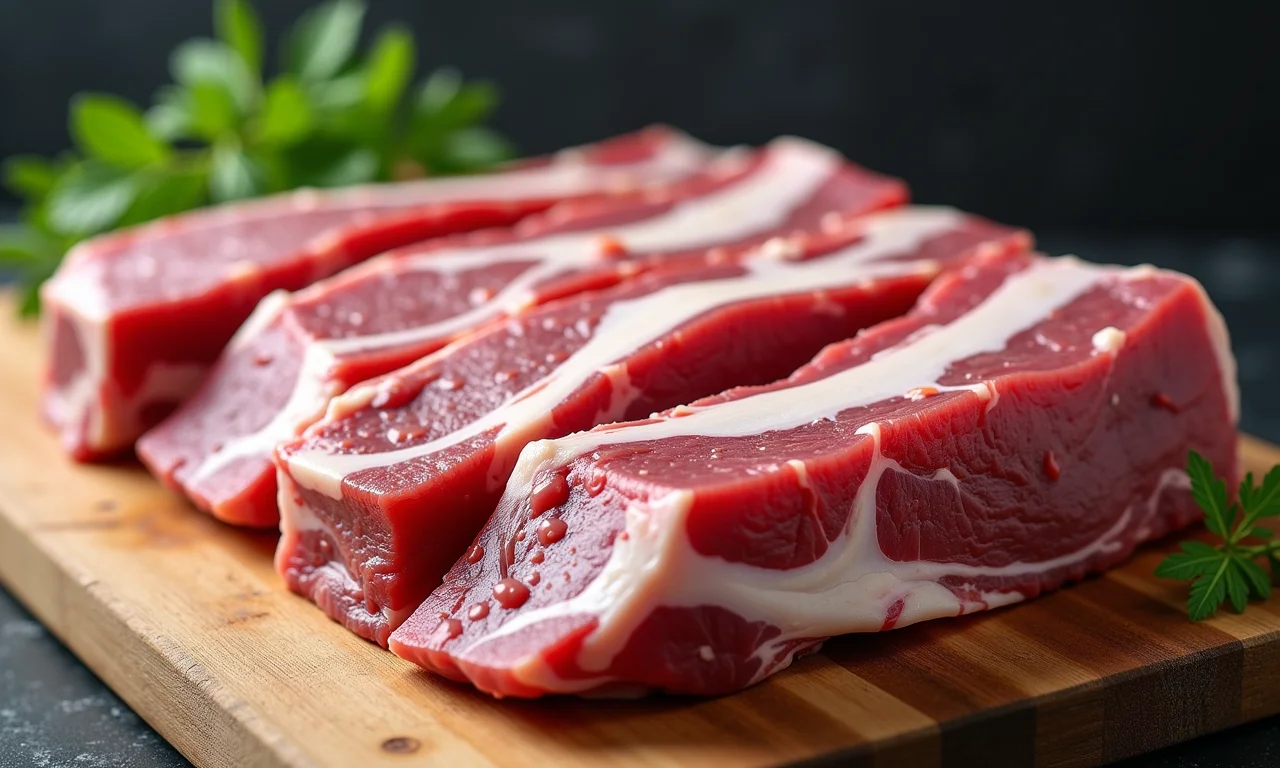 Variedade de cortes de costela suína crua em um açougue.