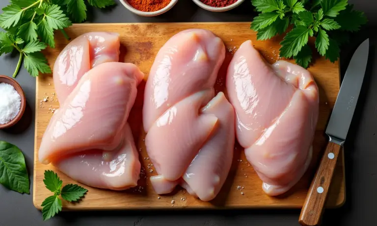 Variedade de cortes de frango cru em tábua de madeira com ervas e especiarias.