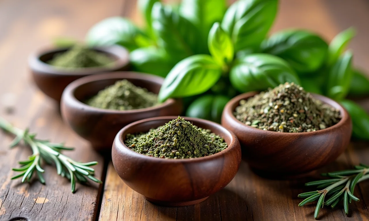 Variedade de ervas e especiarias naturais em pequenos recipientes.