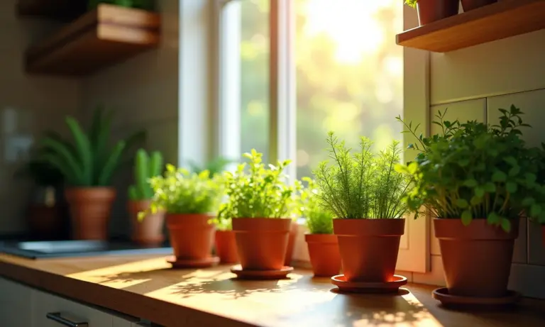 Variedade de ervas frescas em vasos na cozinha ensolarada, prontas para o preparo de chás caseiros.
