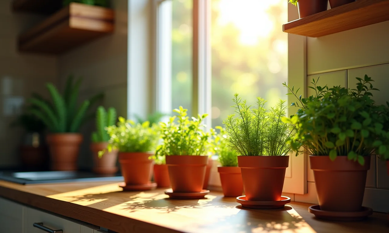 Variedade de ervas frescas em vasos na cozinha ensolarada, prontas para o preparo de chás caseiros.