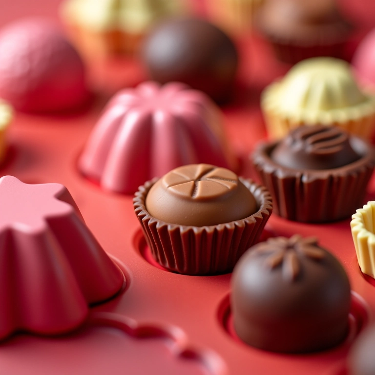 Variedade de formas de silicone coloridas para fazer copinhos de chocolate.