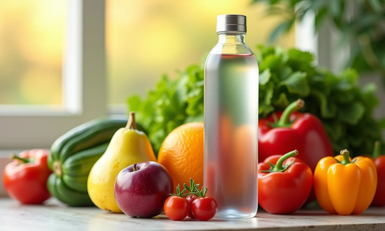 Variedade de frutas, vegetais e garrafa de água reutilizável.