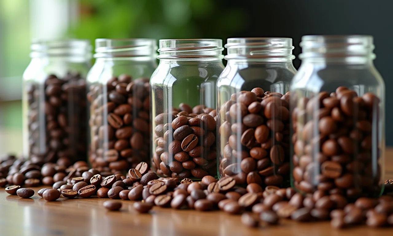 Variedade de grãos de café em potes de vidro.