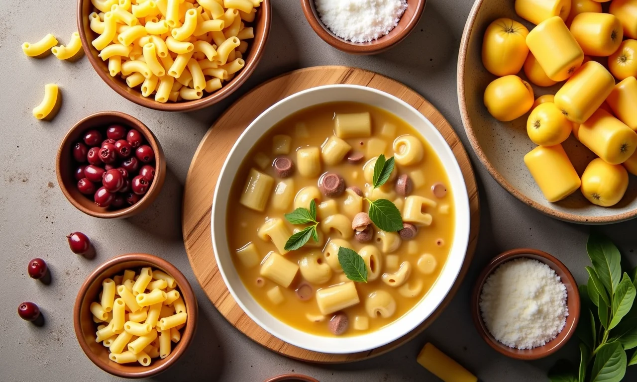 Variedade de ingredientes para sopa de macarrão com feijão.