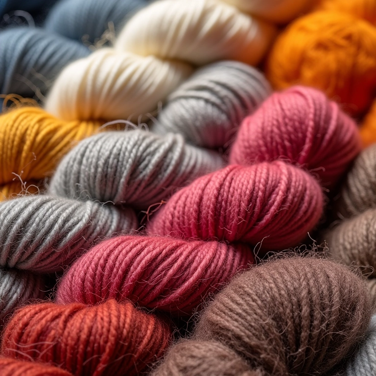 Variedade de lãs para tapetes, com diferentes cores e texturas.