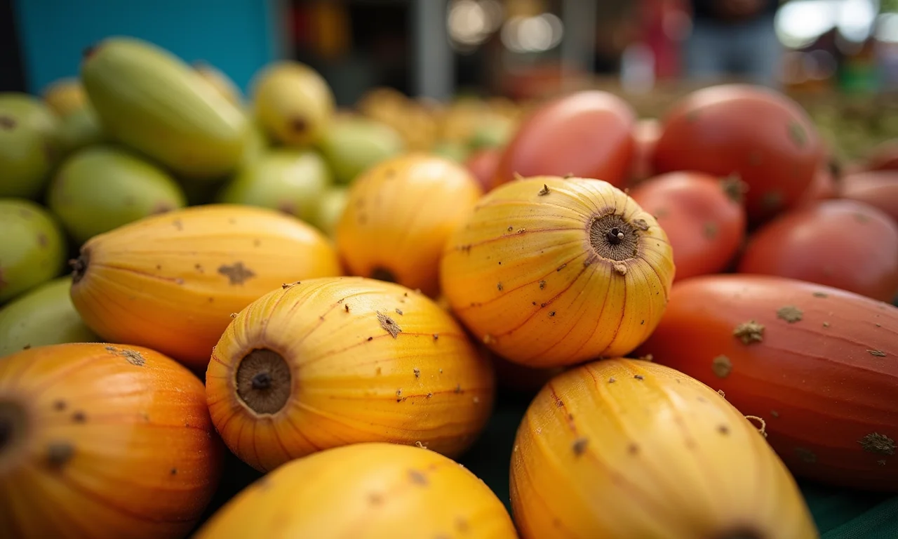 Variedade de mandiocas em uma feira brasileira.