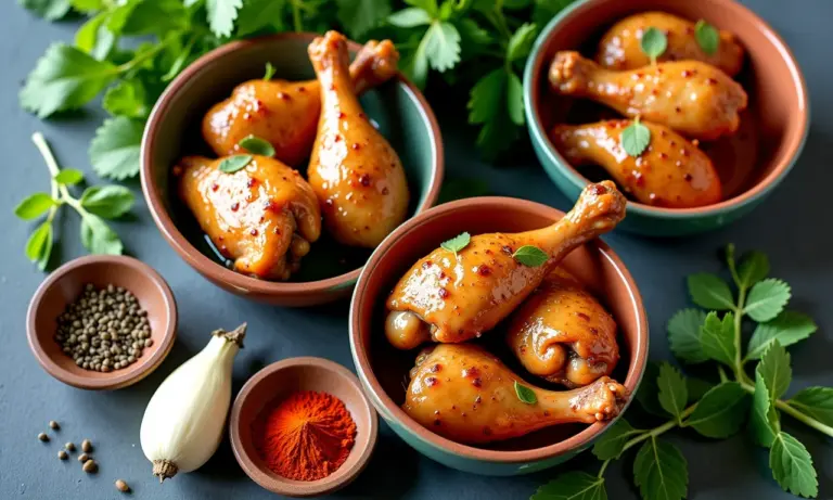 Variedade de marinadas para frango em tigelas coloridas, prontas para cozinhar.