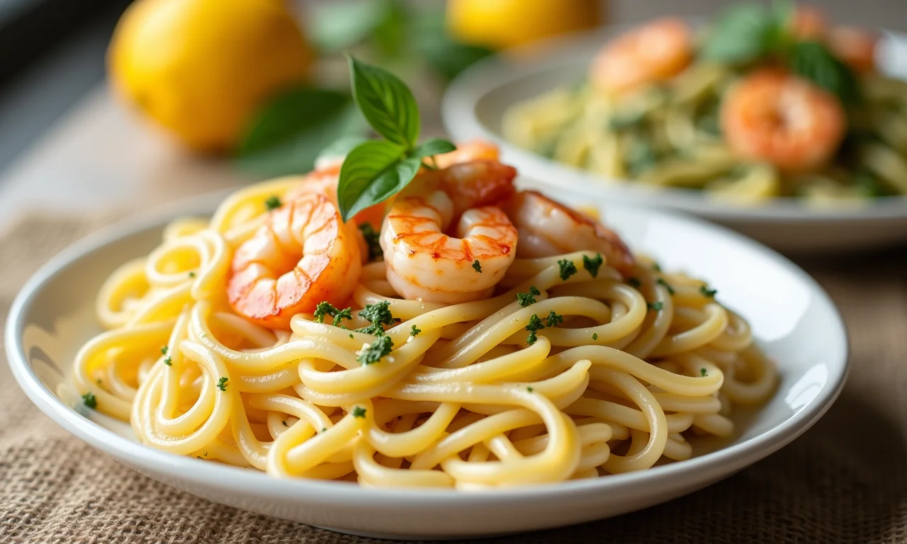 Variedade de massas cremosas, incluindo fettuccine alfredo e pesto.