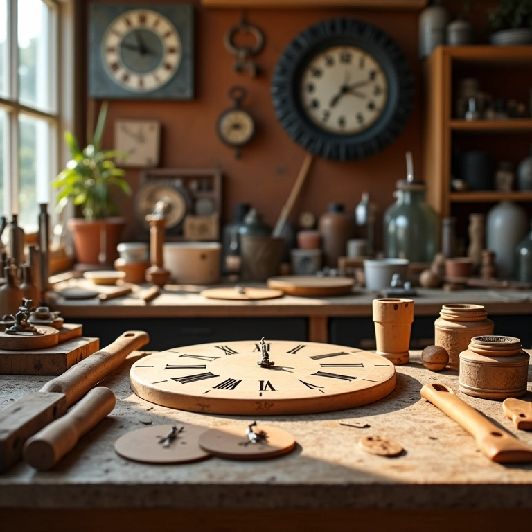 Variedade de materiais essenciais para criar um relógio de parede.