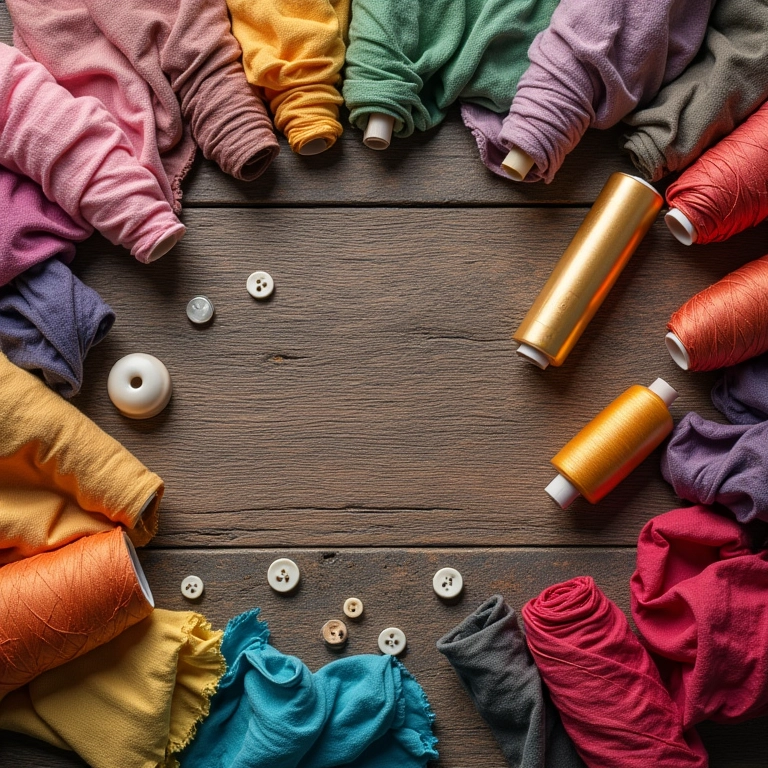 Variedade de materiais para fazer tapete de retalho em mesa de madeira.