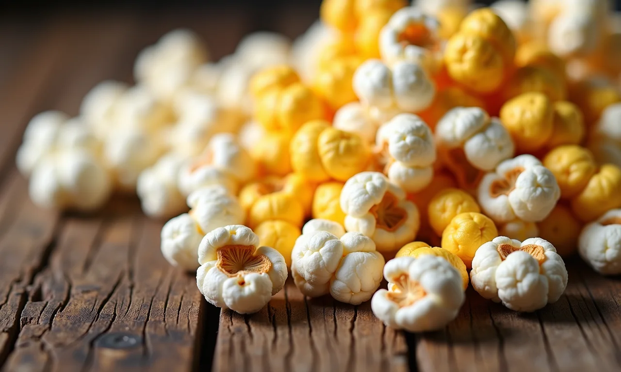 Variedade de milhos de pipoca (cogumelo e borboleta) exibidos em mesa rústica.