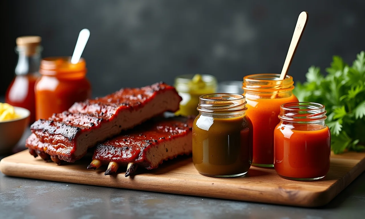 Variedade de molhos caseiros em potes ao lado de costela suína.