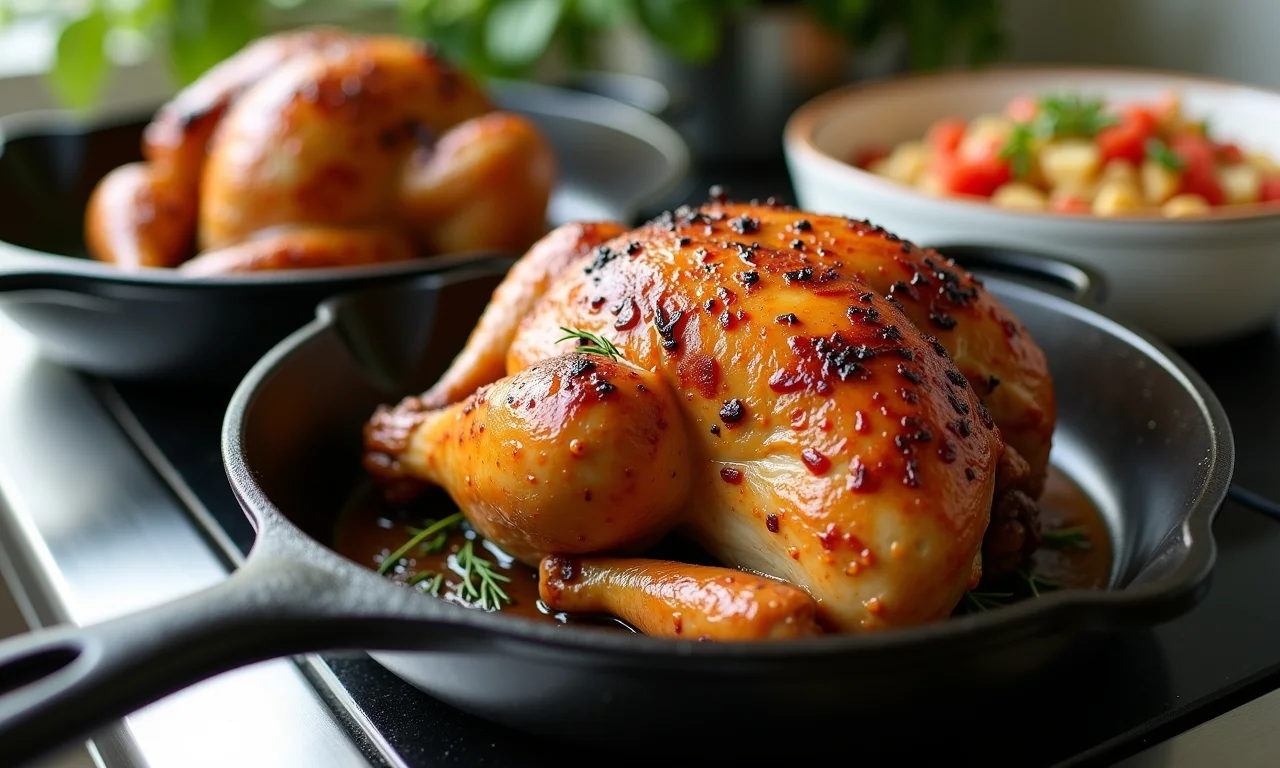 Variedade de panelas para assar frango: ferro fundido, antiaderente, cerâmica.