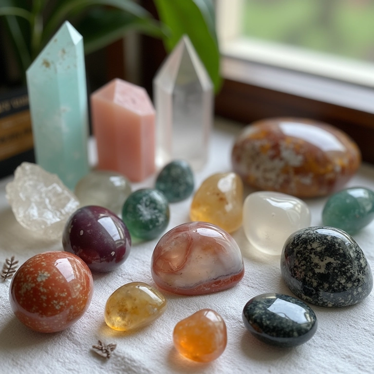 Variedade de pedras naturais: quartzo, ágata, jaspe.