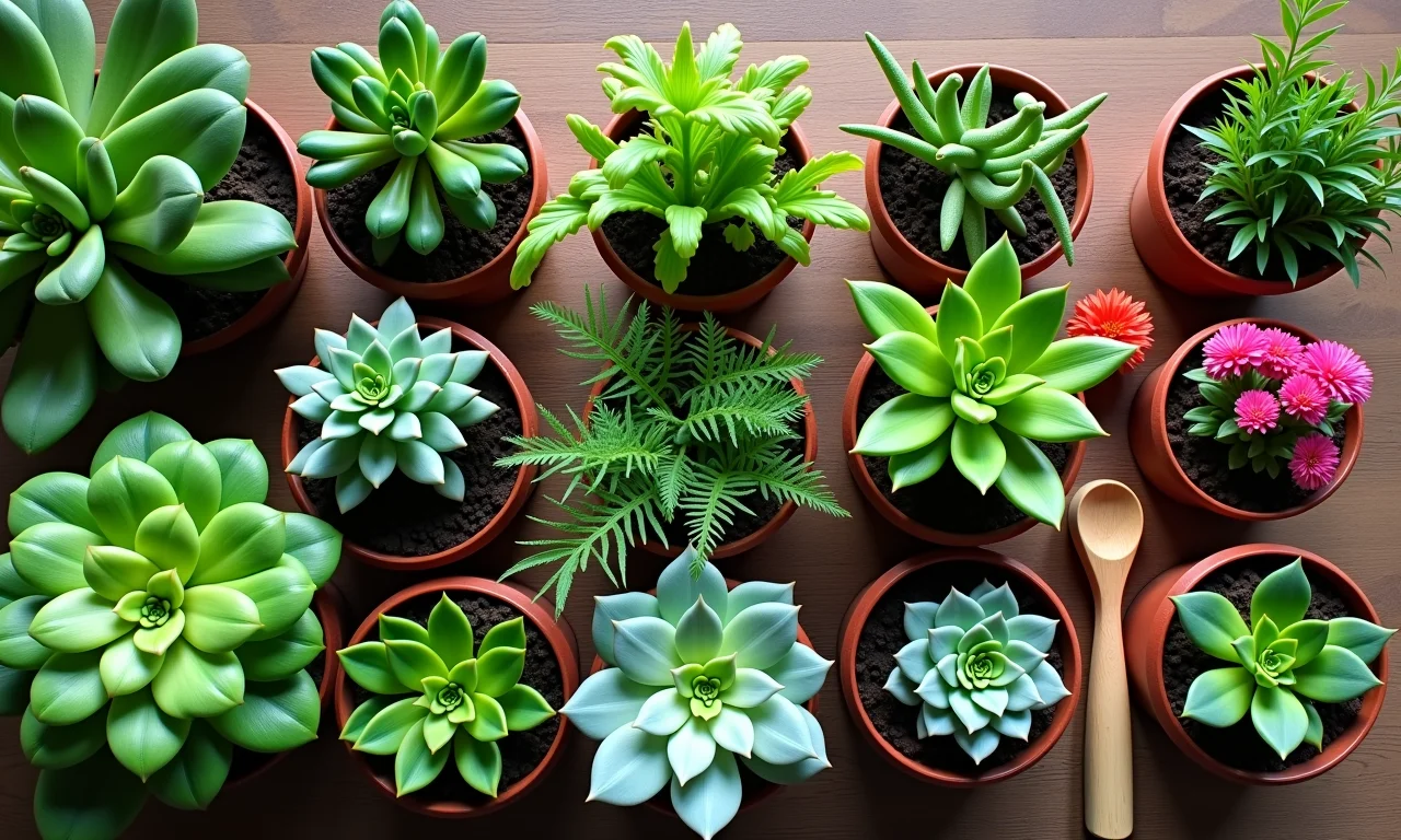 Variedade de plantas ideais para jardim vertical em pallet: suculentas, ervas e flores.