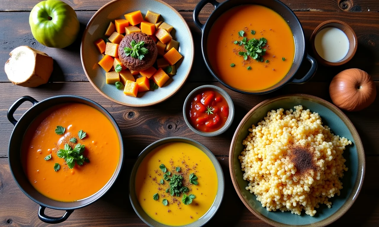Variedade de pratos com pinhão em mesa rústica: sopa, farofa, bolo, escondidinho e risoto.