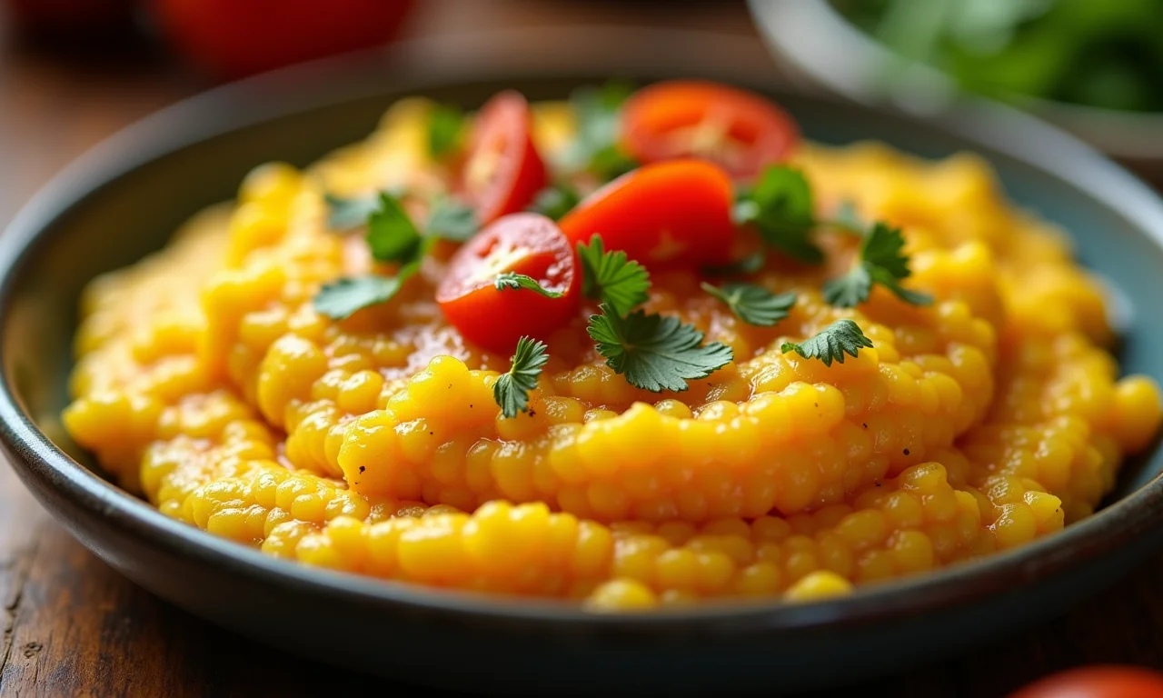 Variedade de pratos de polenta: cremosa e frita, em mesa colorida e convidativa.