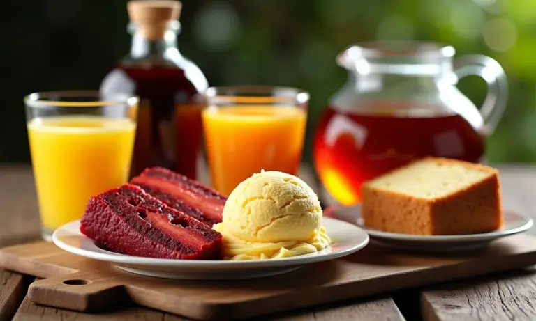 Variedade de produtos feitos com butiá: suco, geleia, sorvete, licor e bolo.