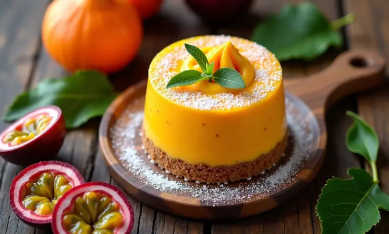 Variedade de receitas com maracujá: mousse, bolo, suco, geleia e drink em mesa colorida.