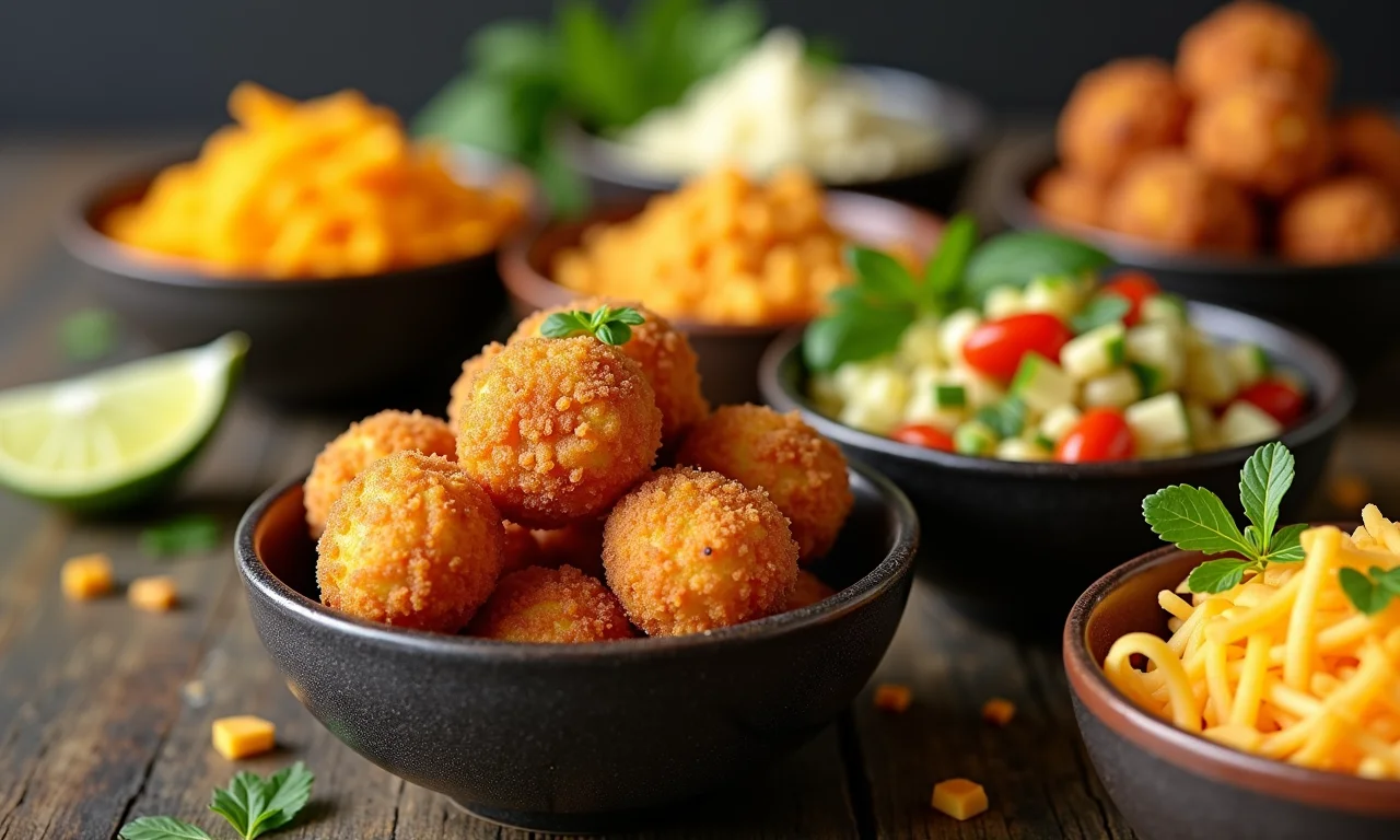 Variedade de recheios para coxinha: frango, queijo, legumes.