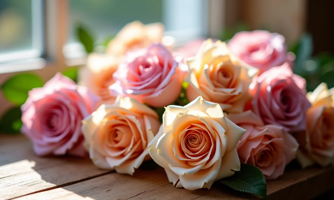 Variedade de rosas em tons pastel.