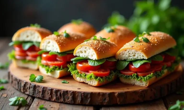 Variedade de sanduíches gourmet em tábua de madeira com ingredientes vibrantes.