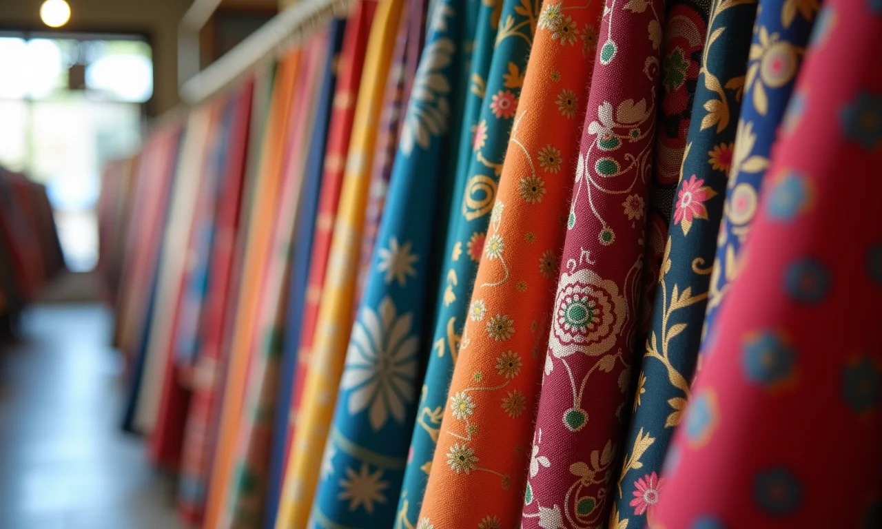 Variedade de tecidos coloridos em loja de tecidos.