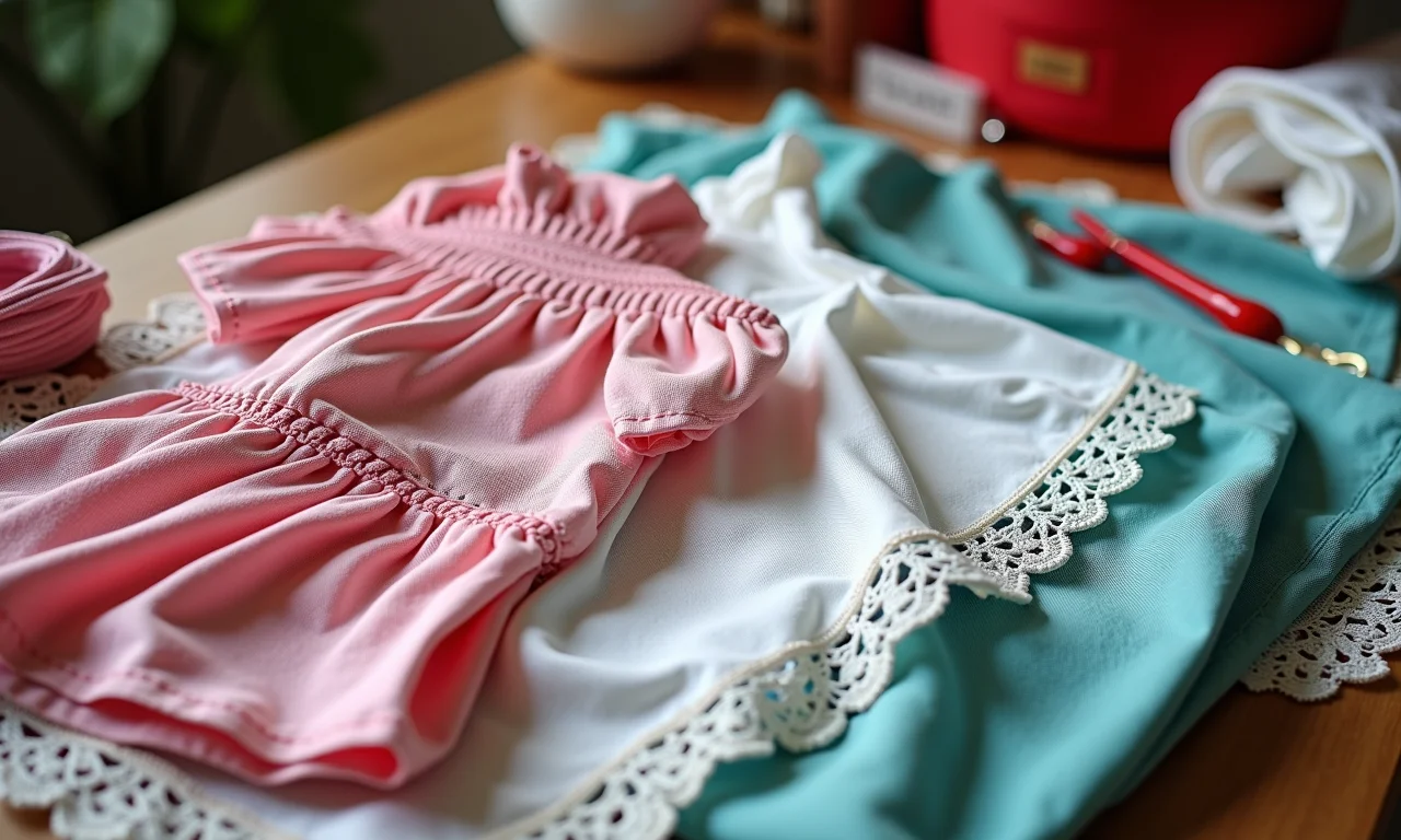 Variedade de tecidos, rendas e fitas para vestido de Festa Junina infantil.