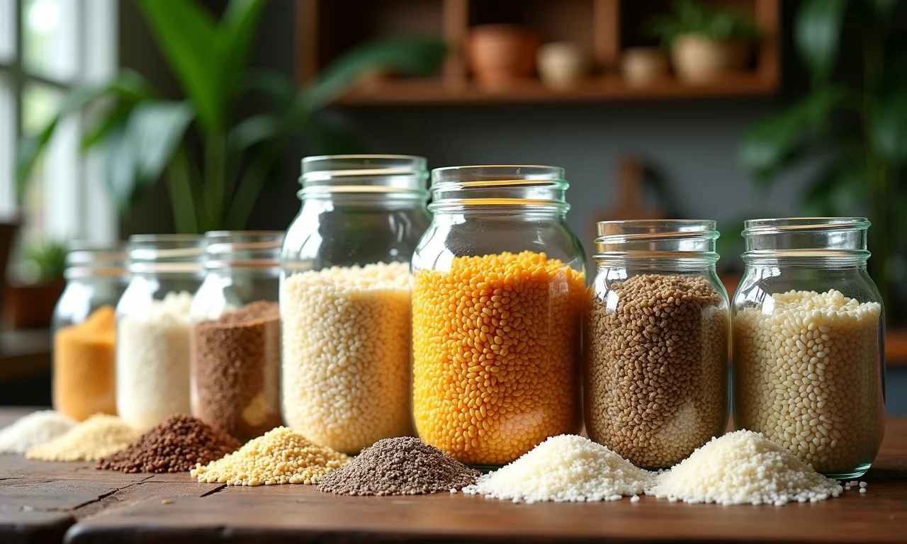 Variedade de tipos de arroz para arroz doce em potes de vidro.