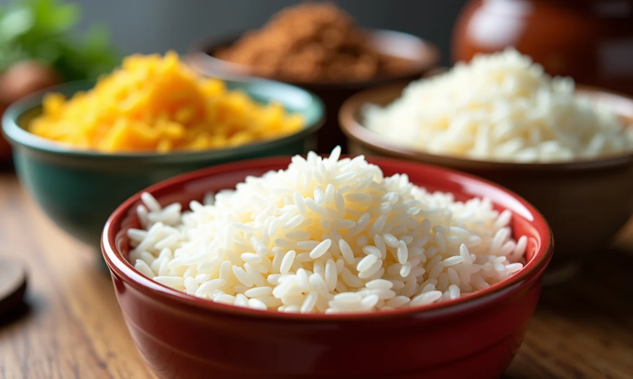 Variedade de tipos de arroz para kedgeree: basmati, integral, jasmim.