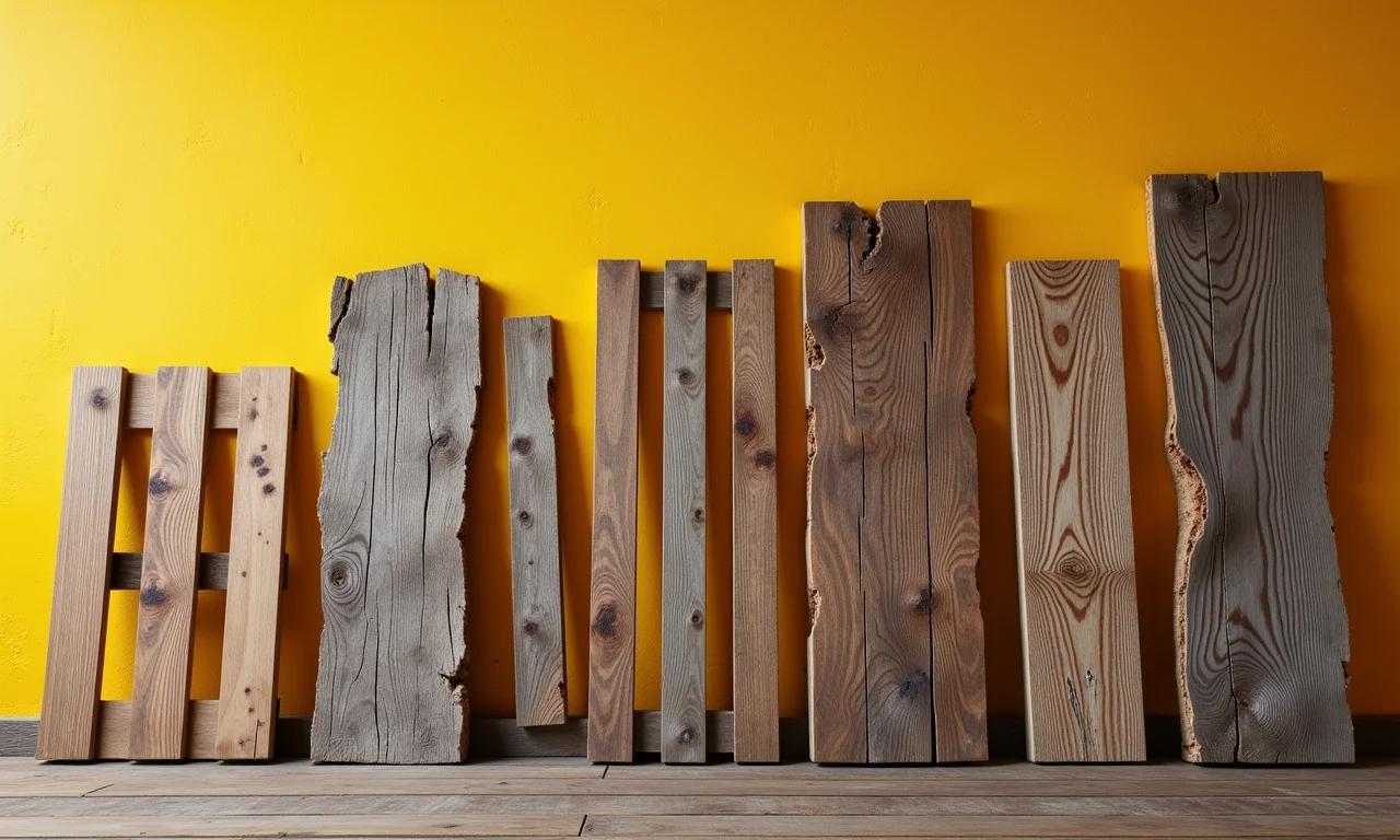 Variedade de tipos de madeira reciclada com texturas rústicas.