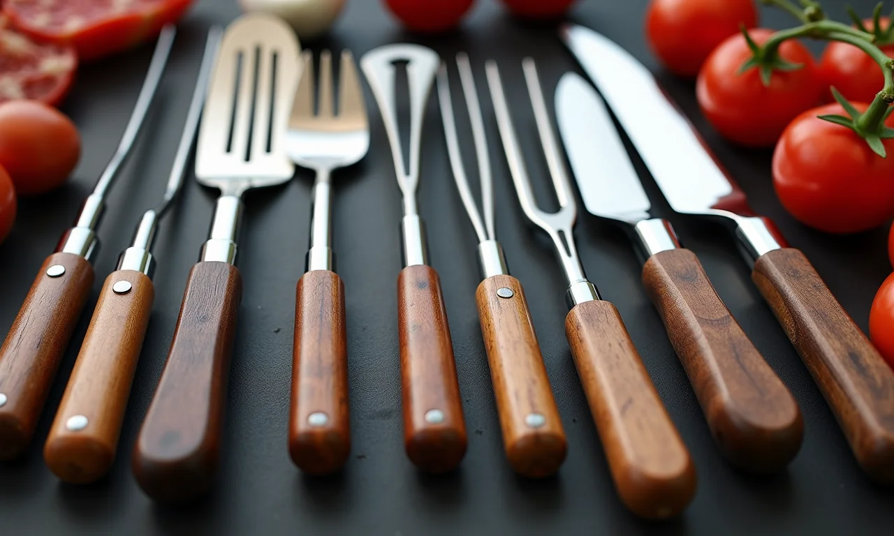 Variedade de utensílios para churrasco com foco em diferentes materiais e qualidades.