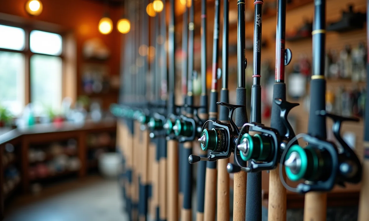 Variedade de varas de pesca em loja especializada.