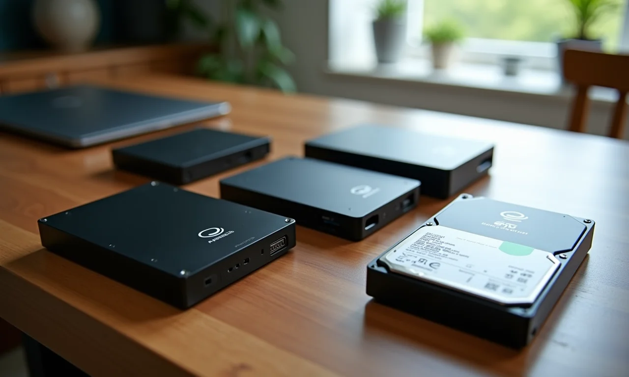 Vários HDs externos sendo comparados.