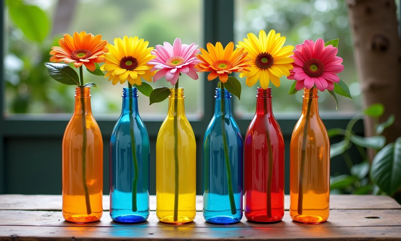 Vasos de flores coloridos feitos de garrafas PET.