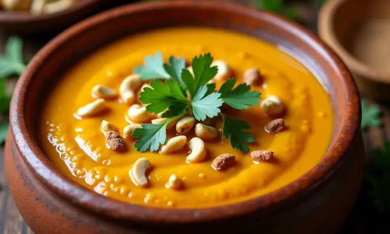 Vatapá baiano cremoso servido em tigela de barro, decorado com coentro e castanhas.